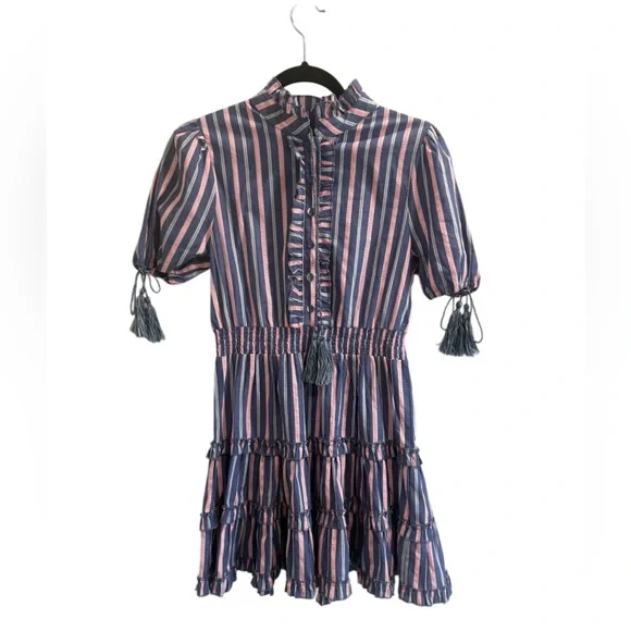 The Shirt by Rochelle Behrens Blue and Pink Striped Ruffle Tiered Mini Dress - Picture 3 of 10